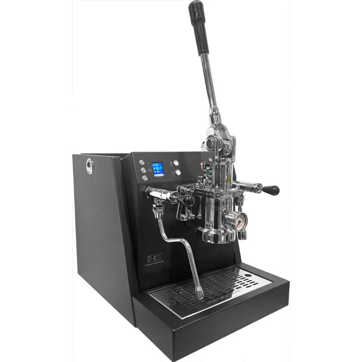 the acs vesuvius evo leva espresso machine w ss dcs offers a stylish black and silver look manual lever digital display pressure gauge and steam wand—ideal for both home baristas and professio